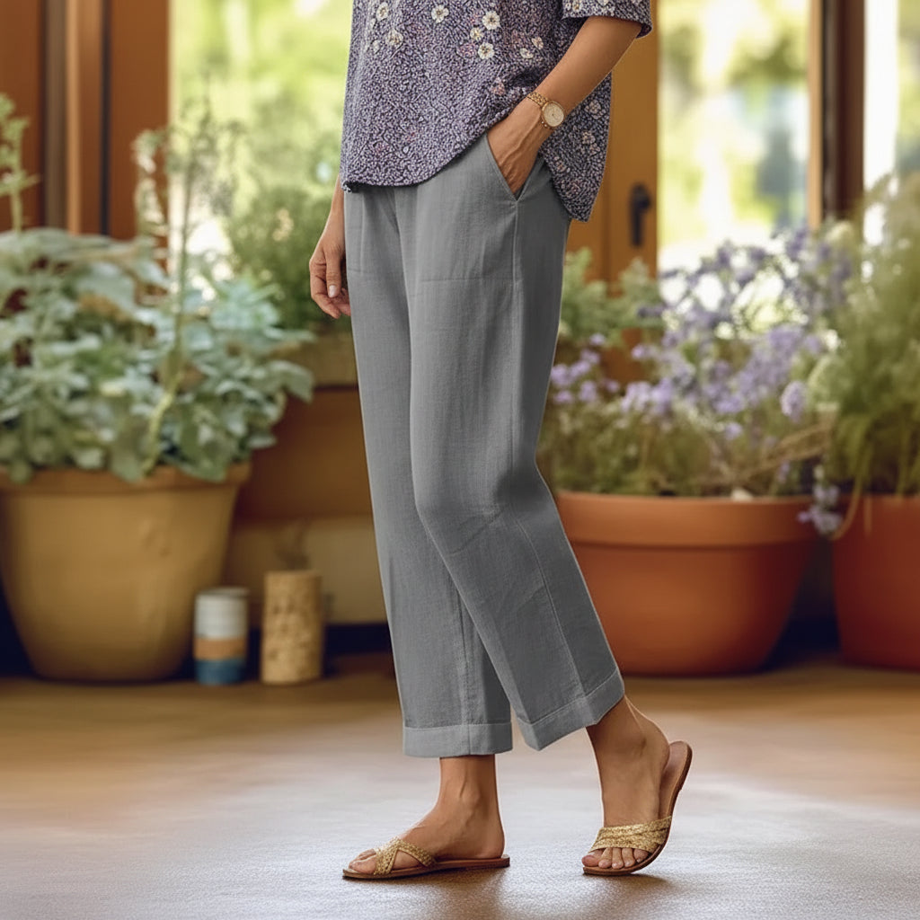 Women's Linen Blend Pants – High Waisted Elastic Waist Loose Straight Leg Trousers with Pockets | Summer Casual Beach Wide Leg Pants (18 Colors)
