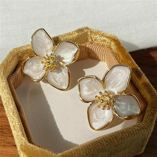 Hibiscus Flower Stud Earrings for Women and Girls–Dropped Glaze Floral Design, French Vintage Inspired, Romantic Wedding Jewelry Gift