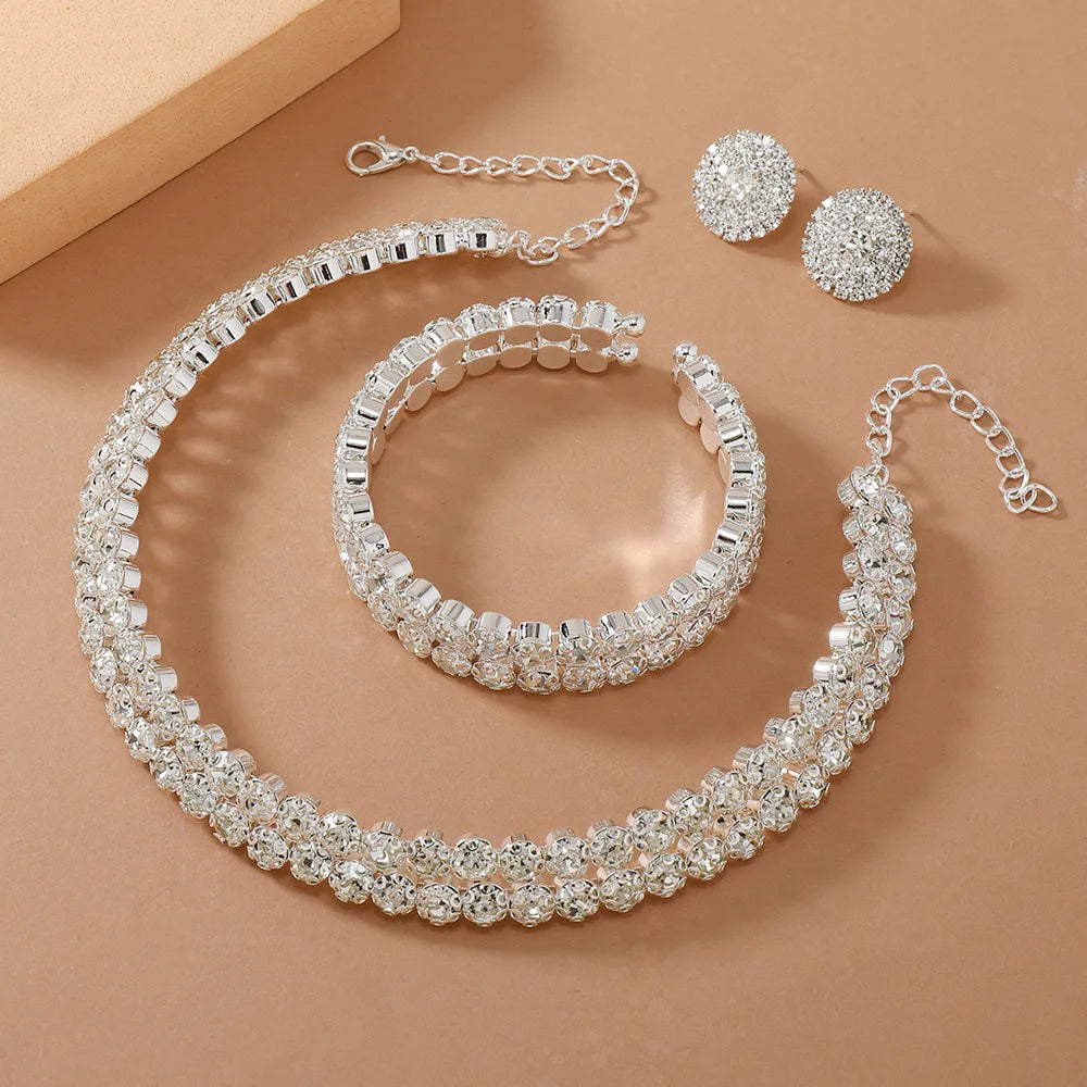Women’s Luxury Rhinestone Jewelry Set – Double Layer Choker, Bracelet & Stud Earrings
