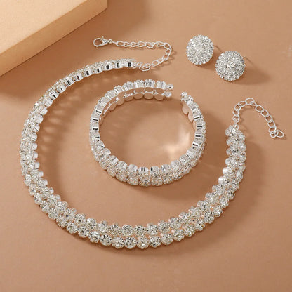 Women’s Luxury Rhinestone Jewelry Set – Double Layer Choker, Bracelet & Stud Earrings