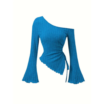 Women's Off Shoulder Asymmetrical Ribbed Long Sleeve Top – Ruched Slim Fit Bell Sleeve Y2K Streetwear Going Out Shirt