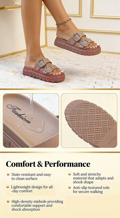 Women’s Thick Sole Sandals with Adjustable Straps – Leather Flip Flops with Metal Ankle Buckle, Comfortable Platform Summer Beach Slides for Casual Outdoor Walking & Vacation Wear