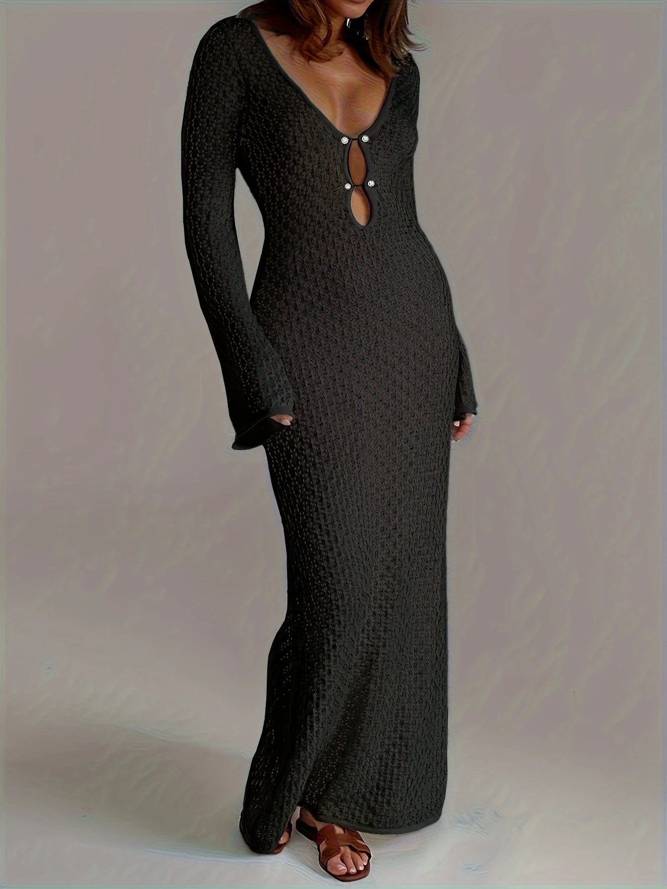 Sexy Women White Long Knit Sleeve Bikin Fashion Cover up Female See-Through Deep V-Neck Hollow-Out Beach Knitwear Backless Dress