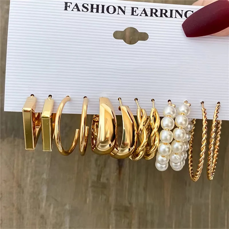 Gold Geometric Hoop Earrings for Women with Pearl Accents and Textured Styles