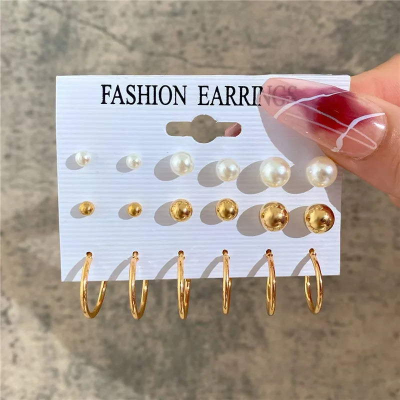 Gold Geometric Hoop Earrings for Women with Pearl Accents and Textured Styles