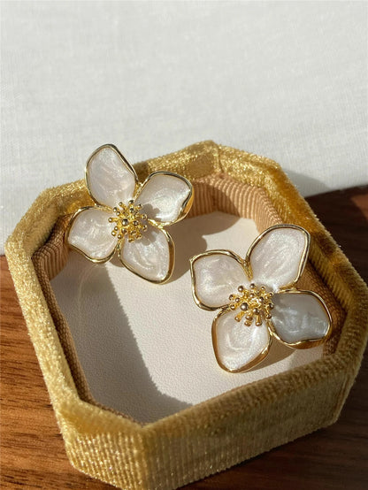Hibiscus Flower Stud Earrings for Women and Girls–Dropped Glaze Floral Design, French Vintage Inspired, Romantic Wedding Jewelry Gift