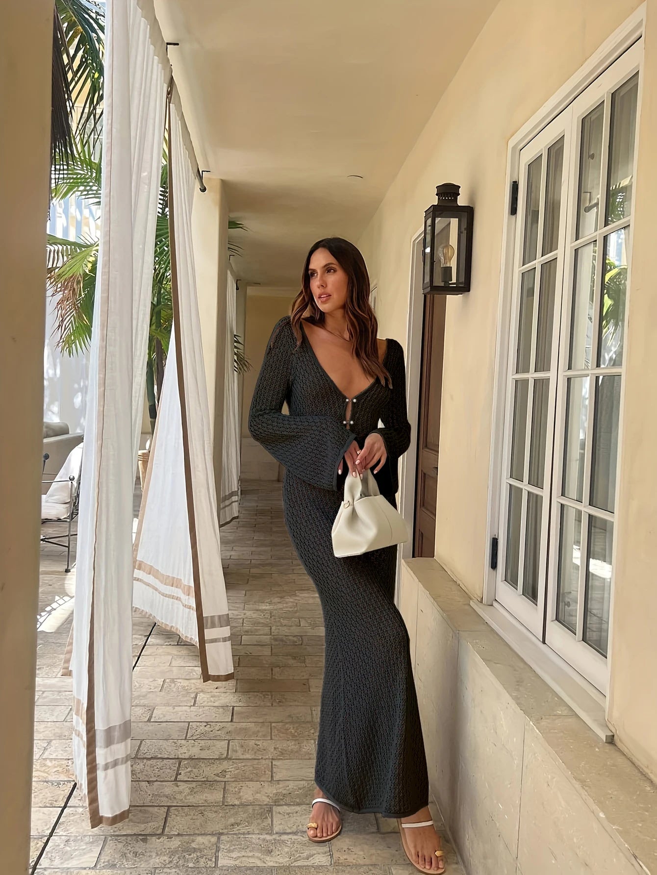 Sexy Women White Long Knit Sleeve Bikin Fashion Cover up Female See-Through Deep V-Neck Hollow-Out Beach Knitwear Backless Dress