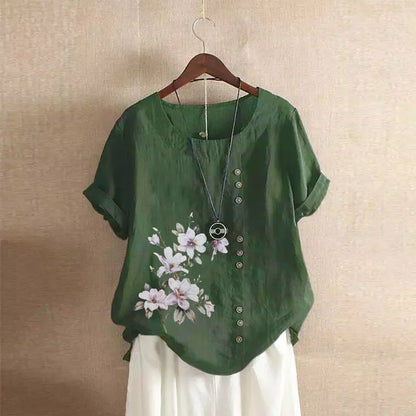 Women's Cotton Linen Floral Print Blouse – Summer Short Sleeve Loose Vintage Tunic Shirt Top