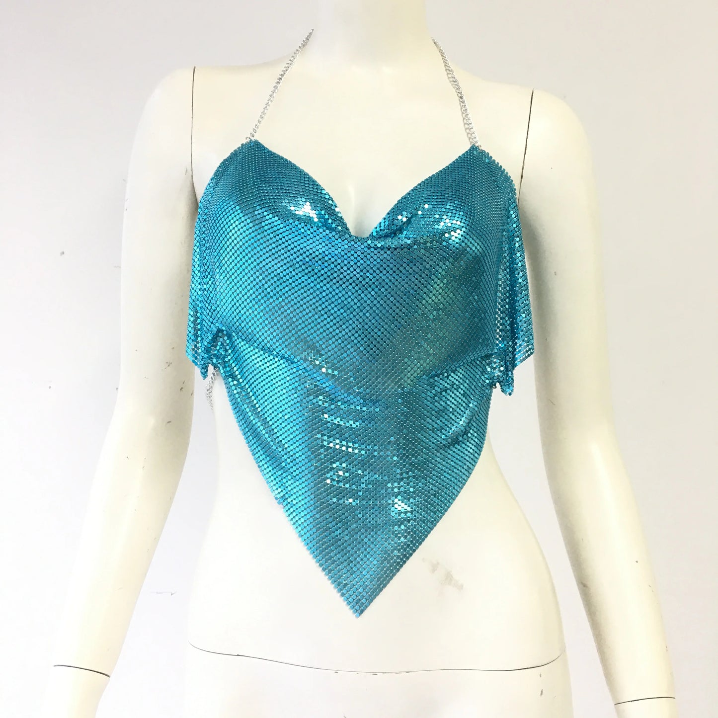 Sexy V Neck Halter Neck Backless Crop Top Glitter Metal Sequins Handmade Patchwork Tank Top Vocal Concert Party Camisole