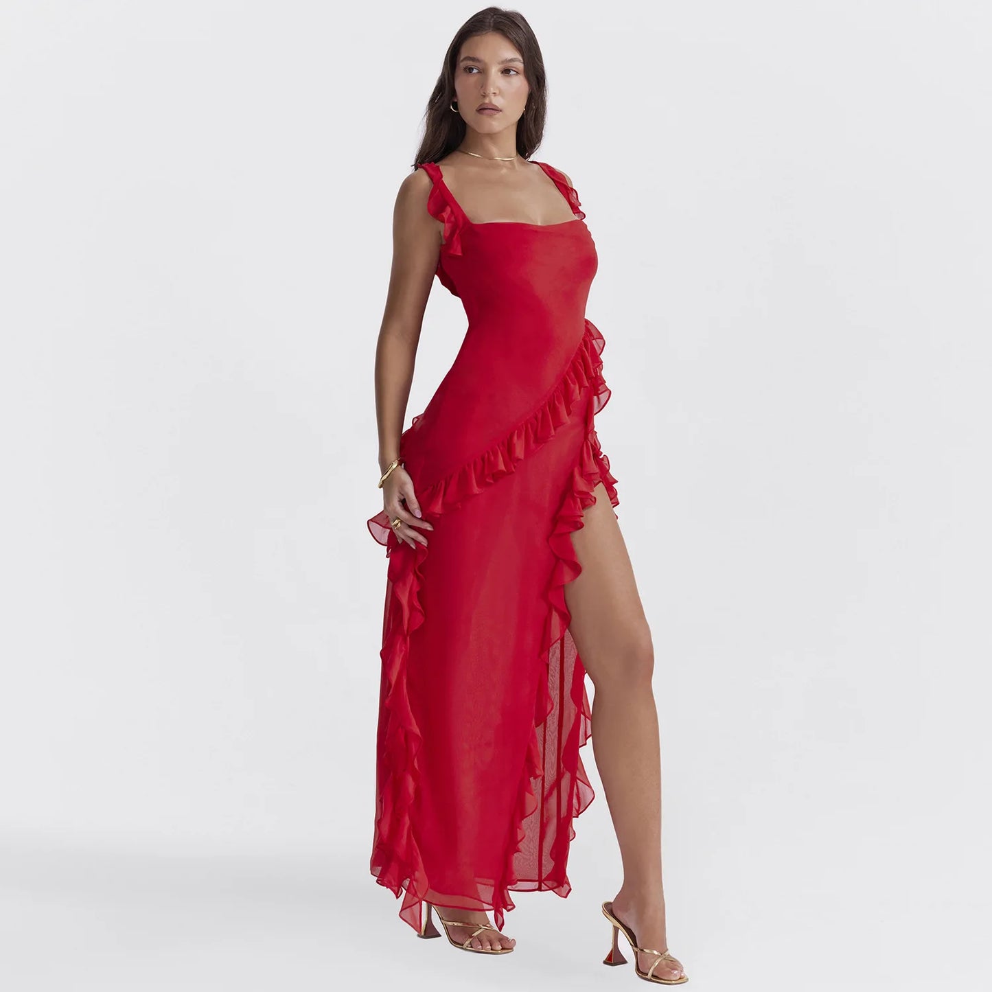 Women’s Sexy Backless Maxi Dress – Elegant Red High Slit Summer Party Evening Dress