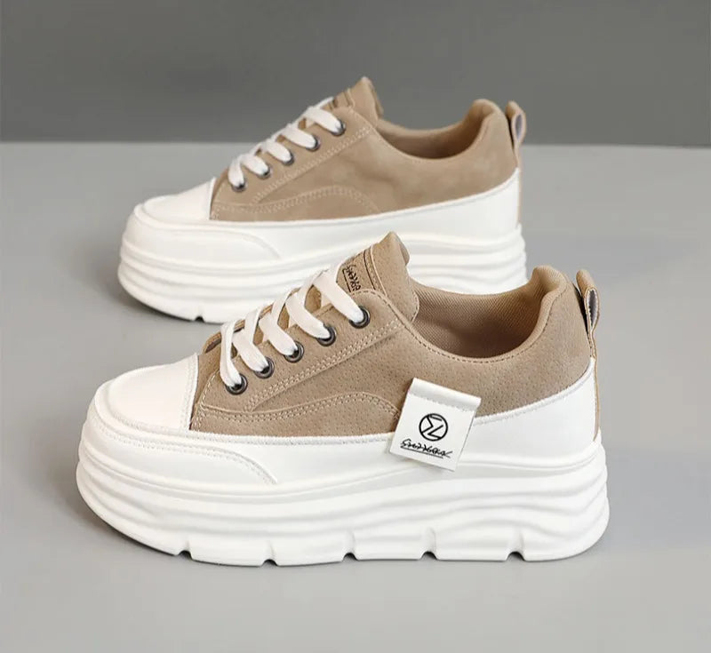 Women’s Chunky Lace-Up Sneakers – Soft Sole Casual Walking Shoes Trendy Vulcanized Fashion Sneakers