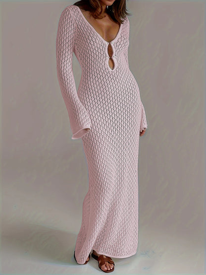 Sexy Women White Long Knit Sleeve Bikin Fashion Cover up Female See-Through Deep V-Neck Hollow-Out Beach Knitwear Backless Dress