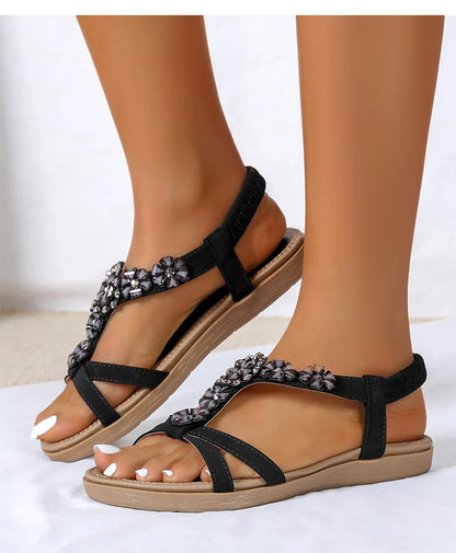 Sparkly Women’s Crystal Flat Sandals – Boho Summer Beach Sandals, Rhinestone T-Strap Dress Shoes for Women