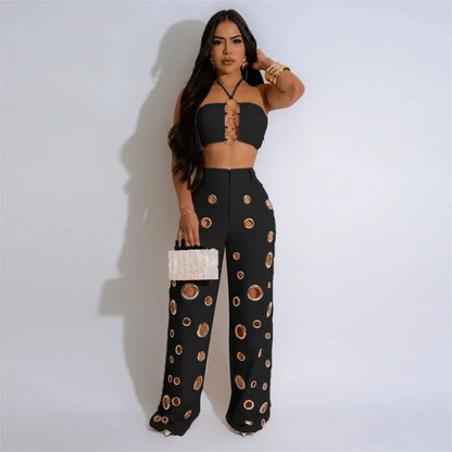 Women’s Sexy 2 Piece Club Outfit – Halter Crop Top & High Waist Pants Set | Party, Festival & Nightwear Fashion