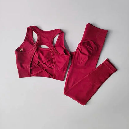 Women’s Seamless Yoga Set – Sexy Open Back Sports Bra & High Waist Scrunch Leggings Gym Outfit