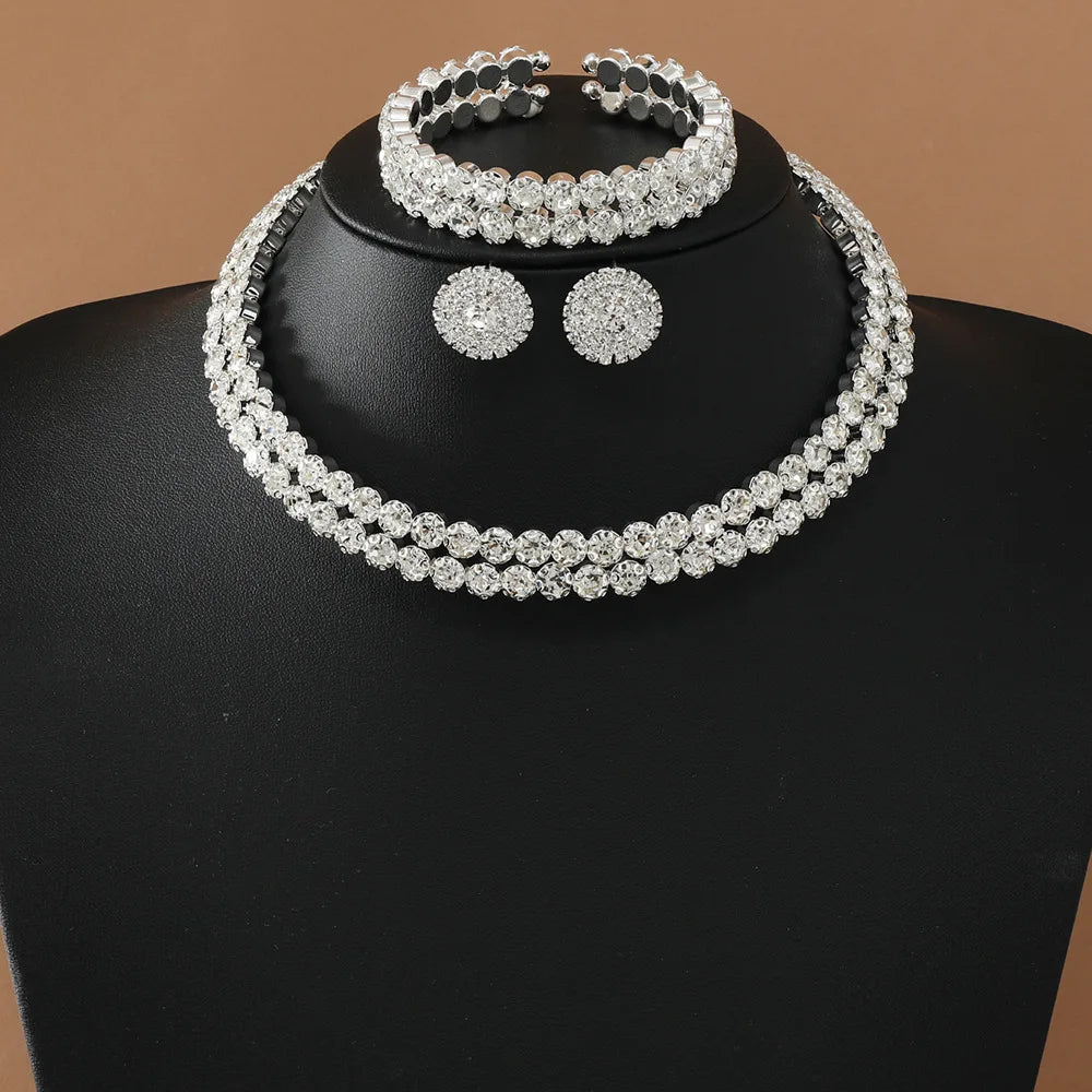Women’s Luxury Rhinestone Jewelry Set – Double Layer Choker, Bracelet & Stud Earrings
