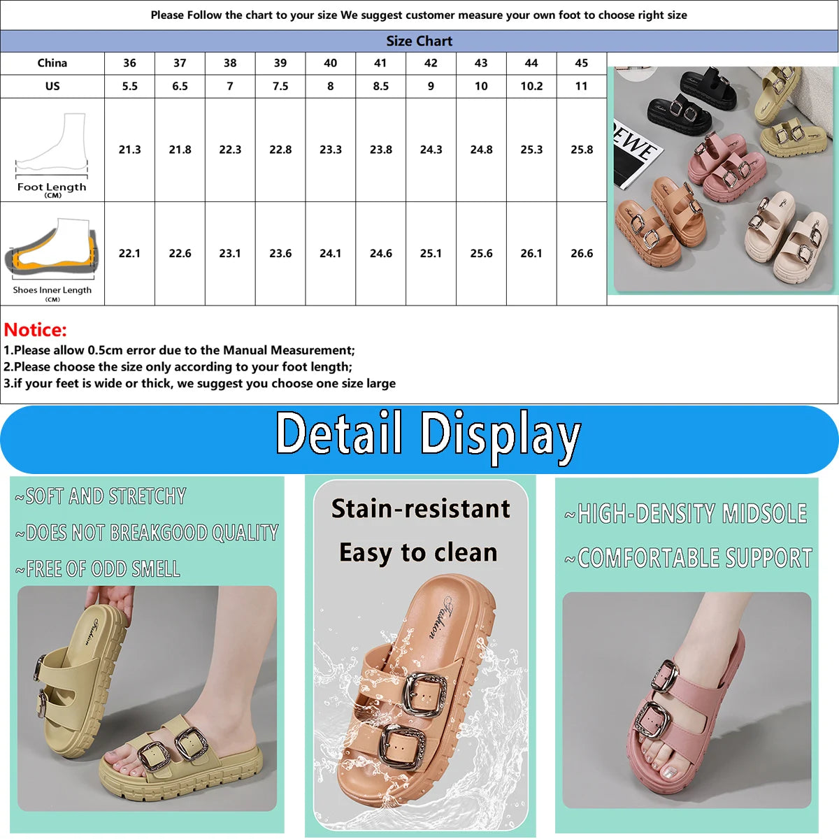 Women’s Thick Sole Sandals with Adjustable Straps – Leather Flip Flops with Metal Ankle Buckle, Comfortable Platform Summer Beach Slides for Casual Outdoor Walking & Vacation Wear
