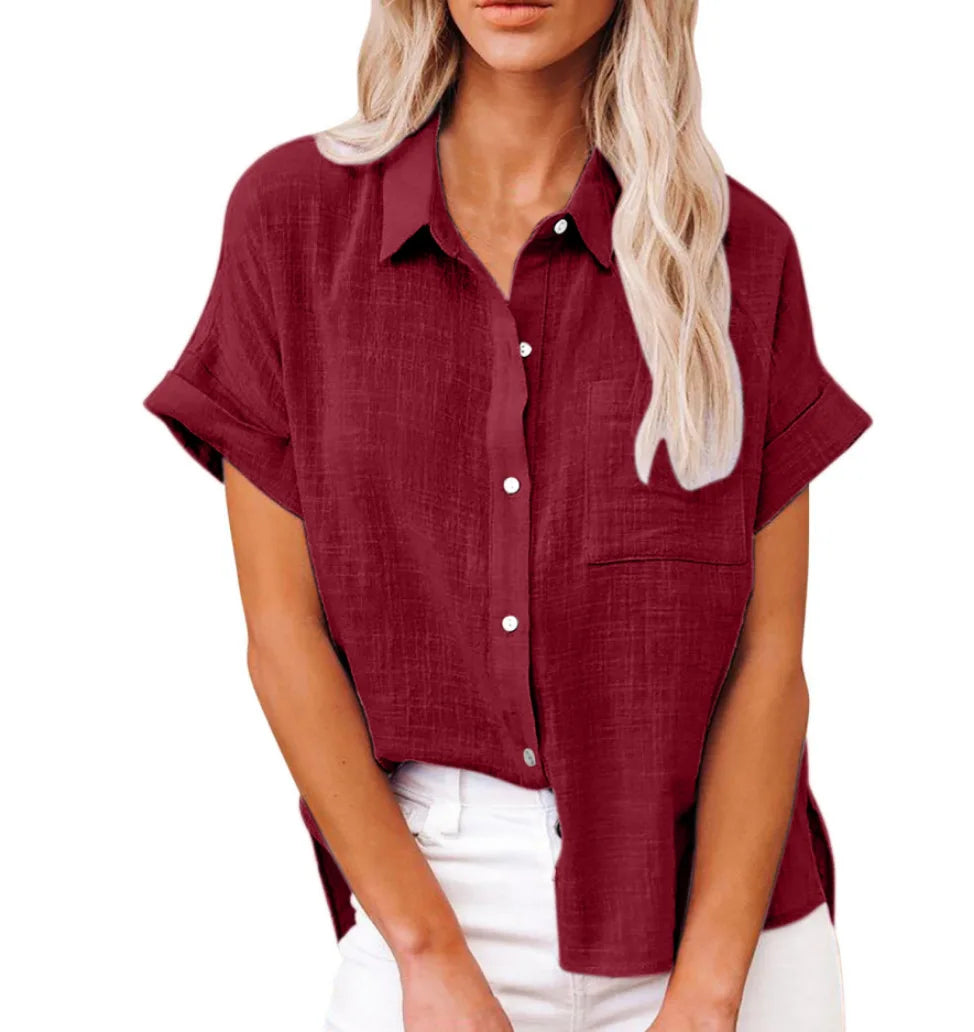 Women's Linen Button Down Shirt Casual Loose Fit Short Sleeve Blouse with Pocket Summer Lightweight Top